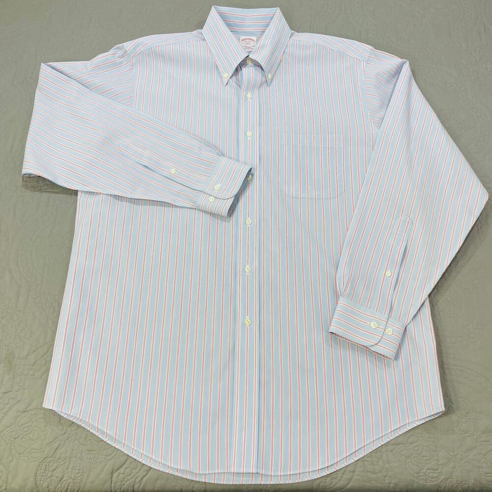 Vintage Brooks Brothers Dress Shirt Mens 16 Large Blue Pink Striped 346 Non Iron